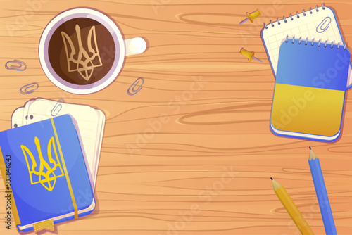 Workplace with ukranian stationary, cup with coffee, notebook, paper notes top view on wooden desk, table in cartoon style.
