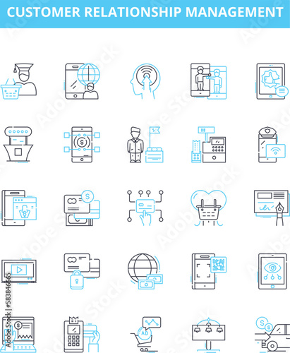 Customer relationship management vector line icons set. CRM, Customer, Relations, Management, Engagement, Reach, Interaction illustration outline concept symbols and signs