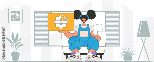 Girl holding IoT logo, modern character style, seated on the floor.