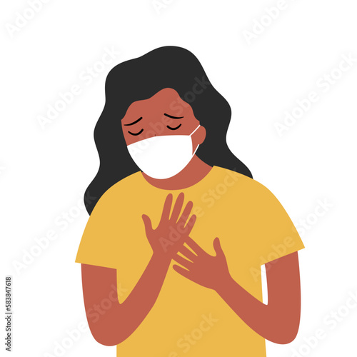 Sick black woman wearing medical mask and coughing in flat design.