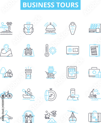 Business tours vector line icons set. Business, tours, corporate, outing, corporate trips, excursion, visit illustration outline concept symbols and signs