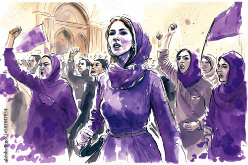 Generative AI illustration of a Muslim women demonstrating for women's rights in Iran. watercolor style in purple tones