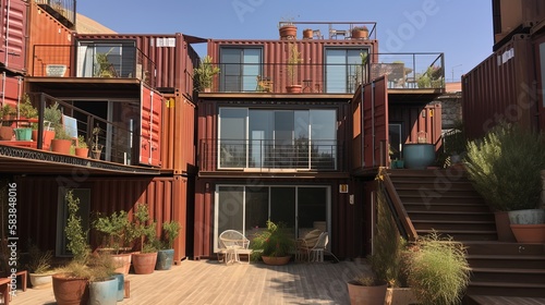 eco friendly hotel building made from used shipping container box  environmental preservation concept  generative ai