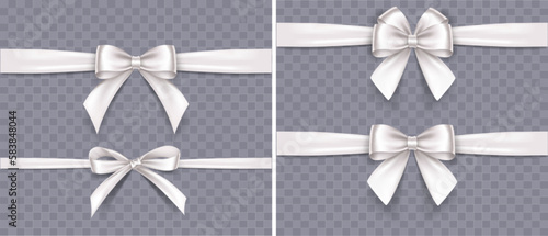 Set of satin decorative white bows with horizontal ribbon isolated on white background. Vector white bow and ribbon