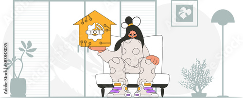 Girl holding IoT logo, modern character in vector style. Seated on the floor.