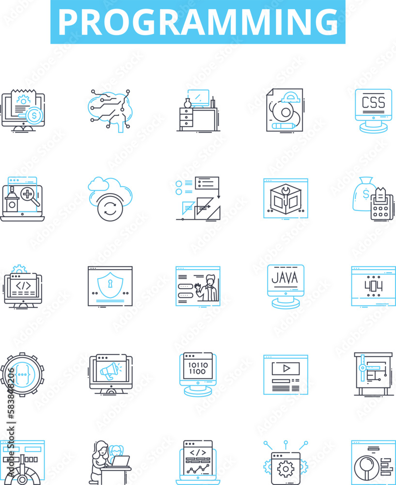 Programming vector line icons set. Programming, coding, scripting, coding language, algorithm, debugging, software illustration outline concept symbols and signs