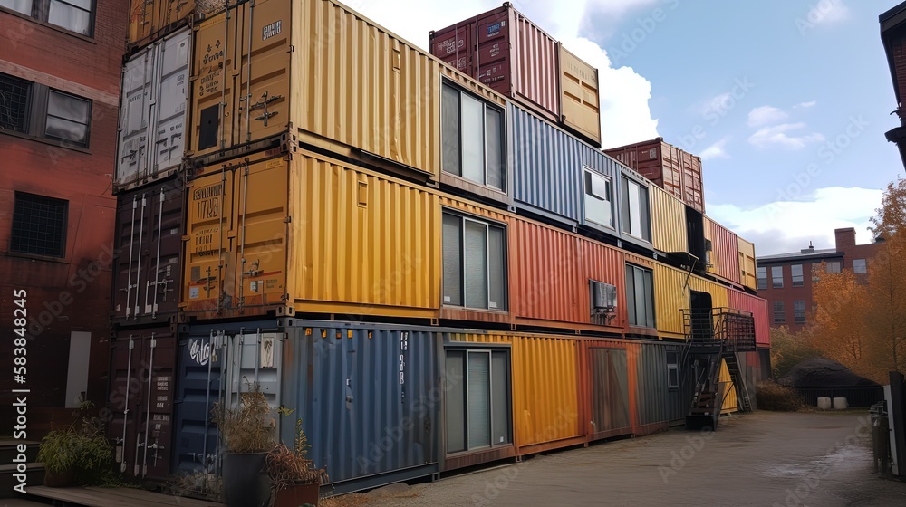 Fototapeta premium eco friendly hotel building made from used shipping container box, environmental preservation concept, generative ai