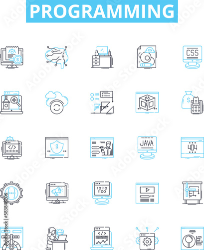 Programming vector line icons set. Programming, coding, scripting, coding language, algorithm, debugging, software illustration outline concept symbols and signs