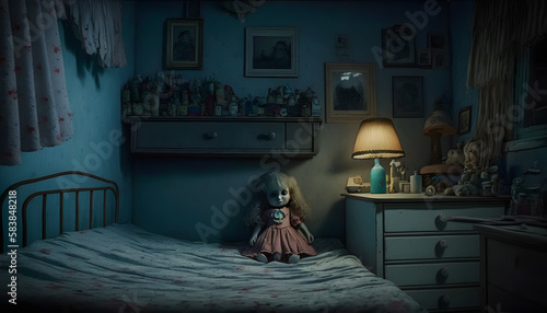 Horror Creepy doll in the room. Generative AI