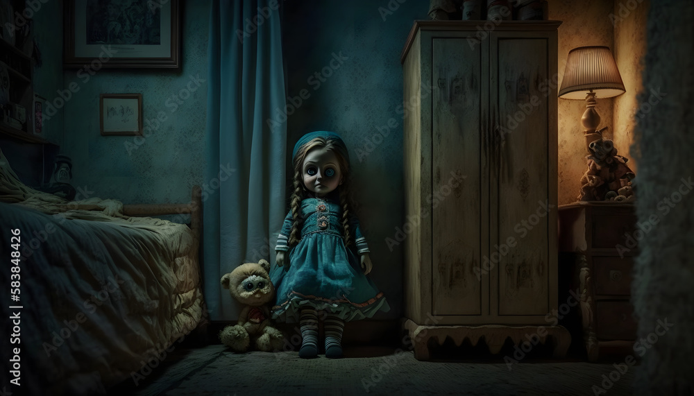 Horror Creepy doll in the room. Generative AI
