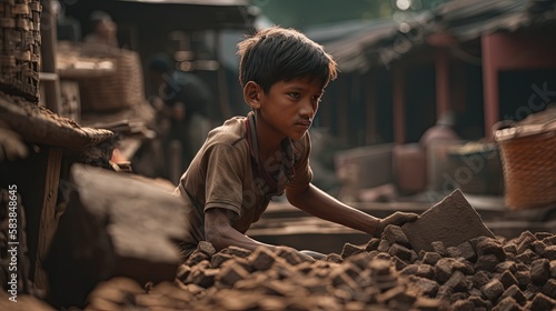 close up portrait of a poverty boy working as labor at construction site, idea for children rights and human right, Generative Ai not real person