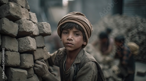 close up portrait of a poverty boy working as labor at construction site, idea for children rights and human right, Generative Ai not real person