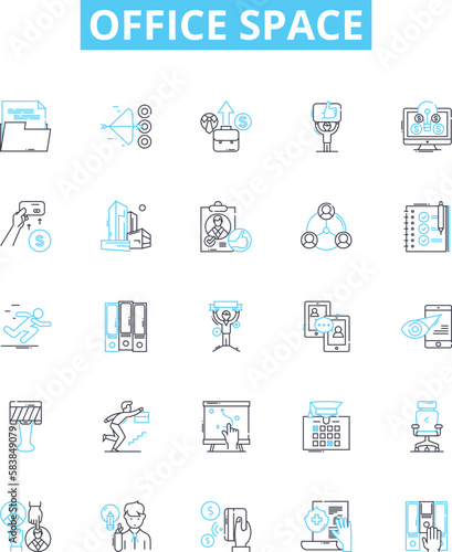 Office space vector line icons set. Workplace, cubicle, desk, meeting, workspace, file, chair illustration outline concept symbols and signs