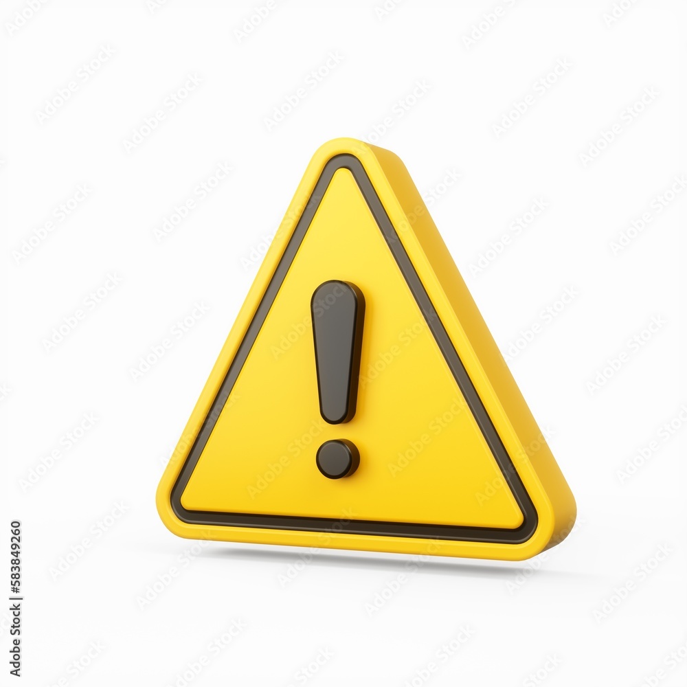 3D Rendering Yellow Warning Sign with Exclamation Mark isolated on white background 3D Rendering Yellow Warning Sign with Exclamation Mark isolated on white background