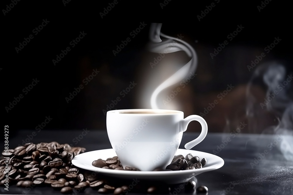 Hot Black Espresso in White Cup on Background Closeup Shot with Coffee Beans and Smoke Hot Black Espresso in White Cup on Background Closeup Shot with Coffee Beans and Smoke