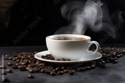 Hot Black Espresso in White Cup on Background Closeup Shot with Coffee Beans and Smoke