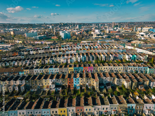 Aerial view of rows of multi-coloured terraced Victorian houses in the city of Bristol, UK

