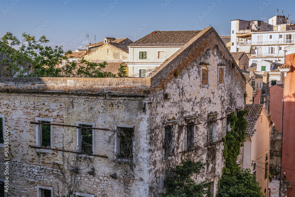 Ruined building in Tenedos area, old part of Corfu town, Corfu Island, Greece