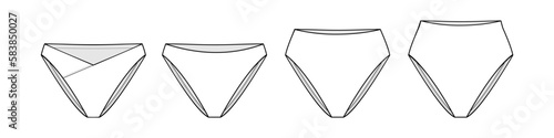4 classic types of underwear bikini, mid-rise, full brief fashion flat technical drawing template. underwear technical fashion Illustration, front, and back view, white, CAD mockup.
