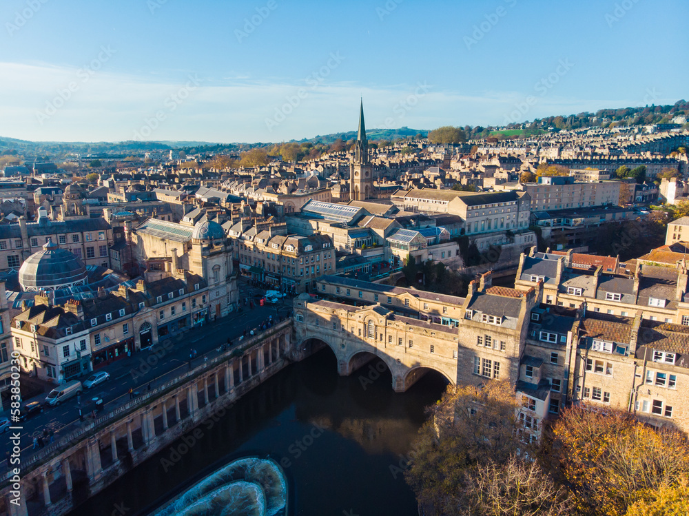 Aerial drone shot of the city of Bath, Somerset