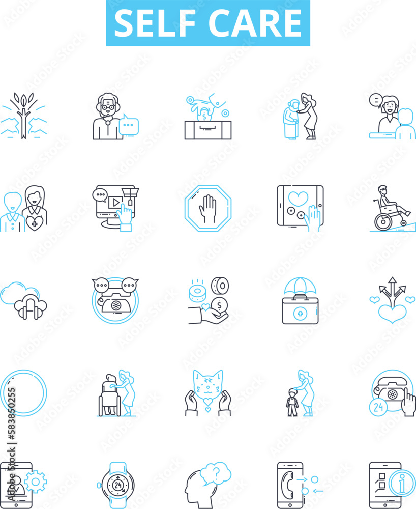Self Care vector line icons set. Wellness, Hygiene, Exercise, Mindfulness, Meditation, Sleep, Nutrition illustration outline concept symbols and signs