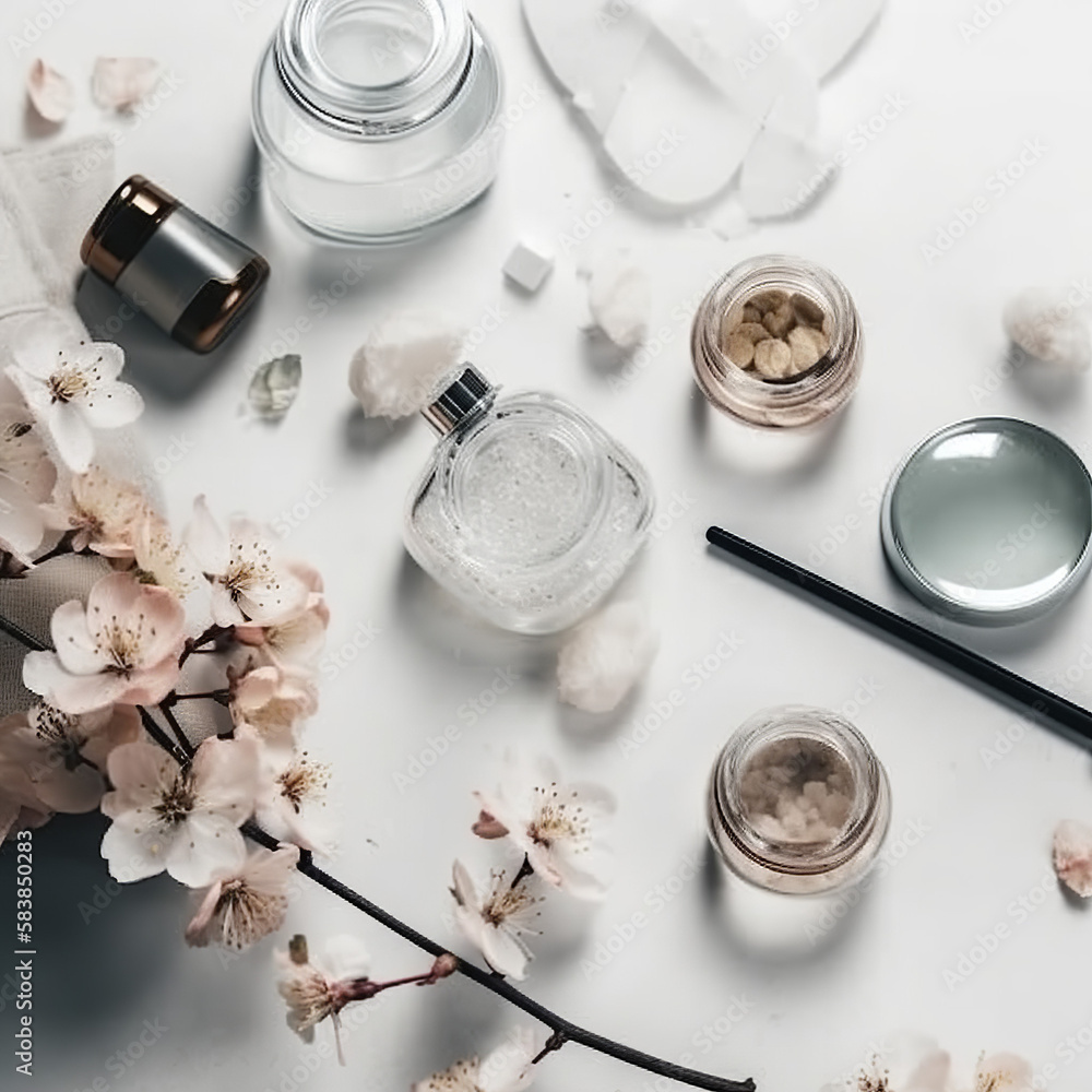 An overhead shot of a moisturizing cosmetic cream on white marble, tastefully accentuated with a fresh flower, epitomizing sophistication and refinement, generative ai. An overhead shot of a moisturizing cosmetic cream on white marble, tastefully accentuated with a fresh flower, epitomizing sophistication and refinement, generative ai.