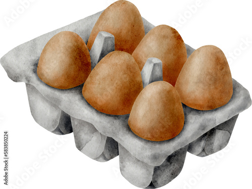 Watercolor eggs in carton package illustration. Hand drawn brown eggs in paper box isolated on transparent background. Cooking and baking natural organic eco ingredient. Healthy food for recipe, menu