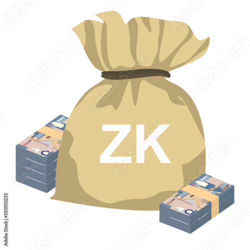 Zambian Kwacha Vector Illustration. Zimbabwe money set bundle banknotes. Money bag 50000 ZMW. Flat style. Isolated on white background. Simple minimal design.