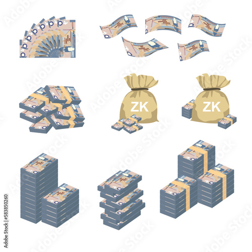 Zambian Kwacha Vector Illustration. Huge packs of Zimbabwe money set bundle banknotes. Bundle with cash bills. Deposit, wealth, accumulation and inheritance. Falling money 50000 ZMW