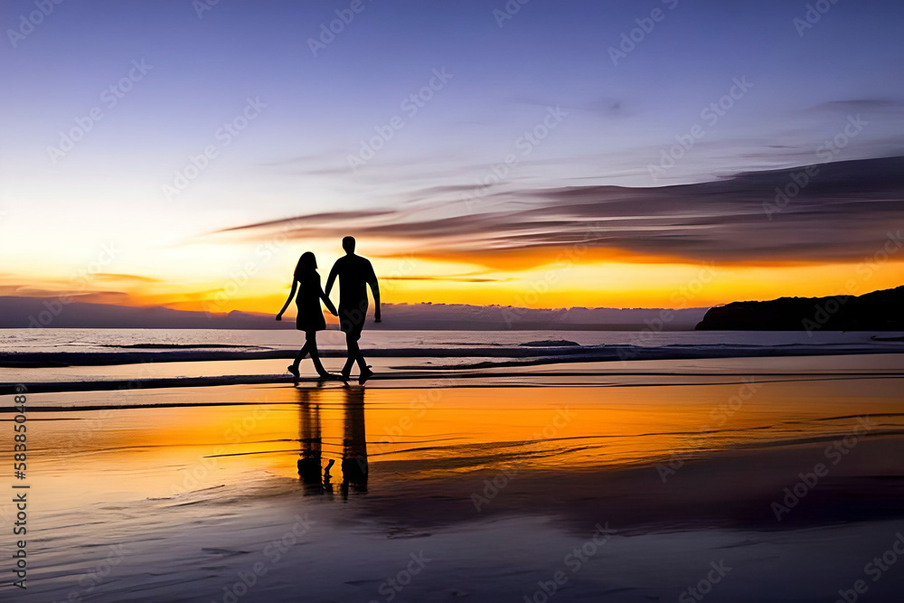 AI generated image of a romantic scene of a silhouette of a couple on the beach during sunset