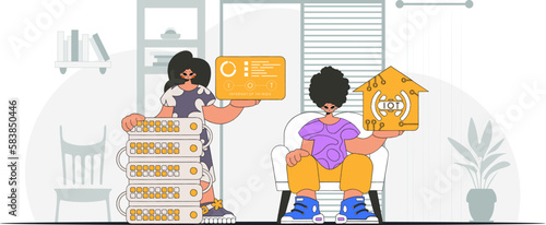 depictionGuy and gal are a unit in the IOT biz, vector modern char style shown.
