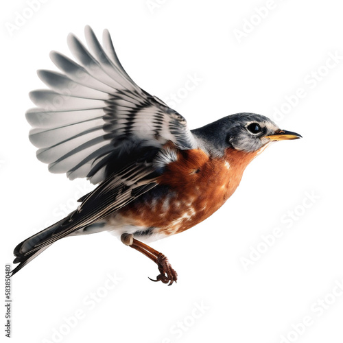 Small flying robin bird portrait highlights the beauty of the redbreast. Generative AI.
