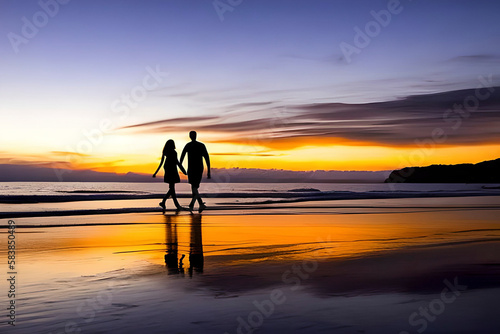 AI generated image of a romantic scene of a silhouette of a couple on the beach during sunset