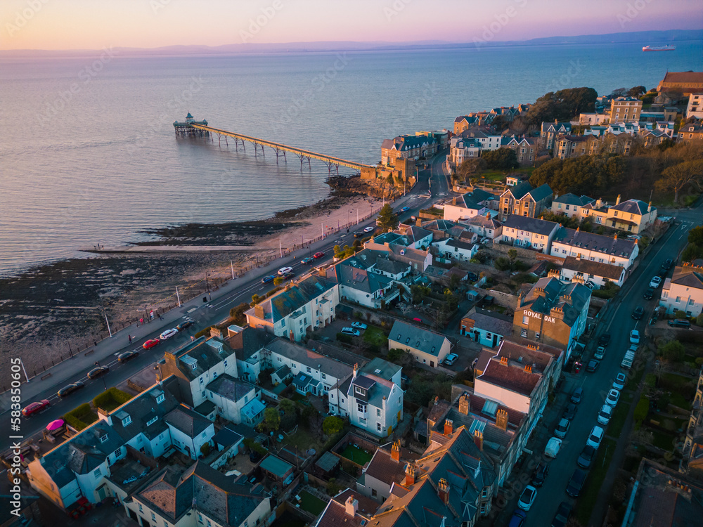Obraz premium Aerial view of old Victorian ocean pier in Clevedon, Somerset, England