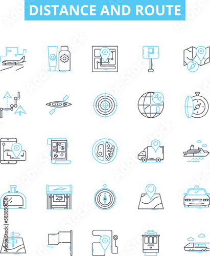 Distance and route vector line icons set. Distance, Route, Tracking, Map, Measurement, Path, Plan illustration outline concept symbols and signs