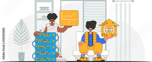 Guy and girl, an IoT expertise team, represented as modern vector characters.