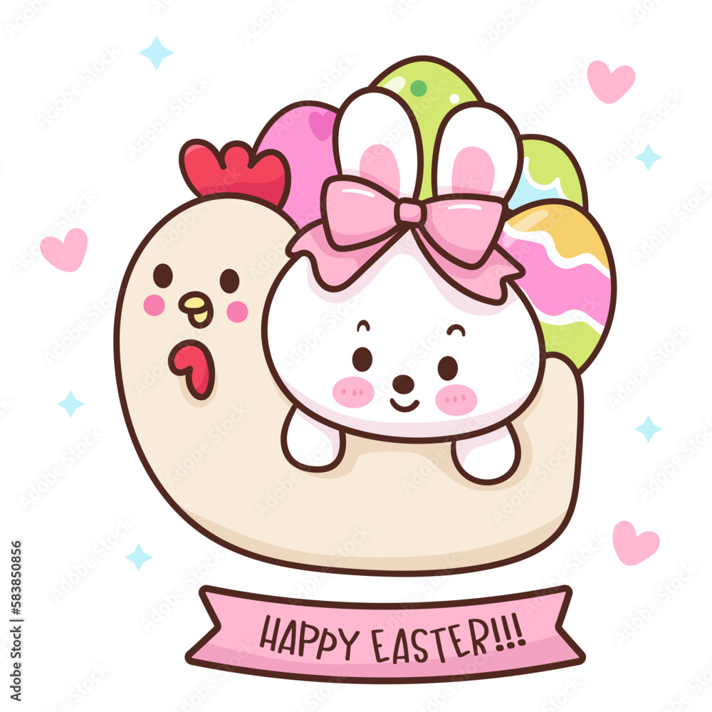 Cute bunny rabbit in hen basket with easter eggs