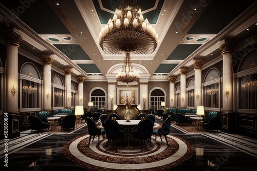 a casino with luxury and sophistication, featuring marble floors and chandeliers, created with generative ai photo