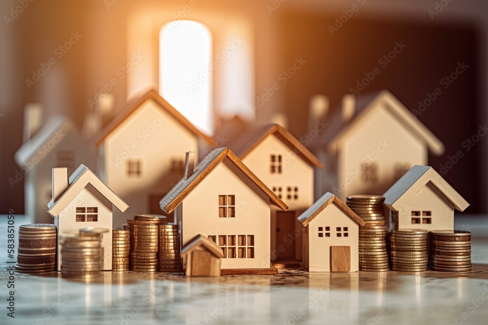 many houses with a lot of coin stack, idea for property investment, income , tax, and passive income, Generative Ai many houses with a lot of coin stack, idea for property investment, income , tax, and passive income, Generative Ai