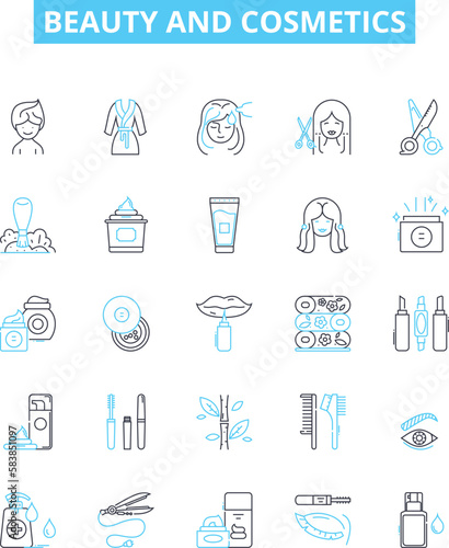 Beauty and cosmetics vector line icons set. Cosmetics, Beauty, Skincare, Makeup, Perfume, Fragrance, Hair illustration outline concept symbols and signs