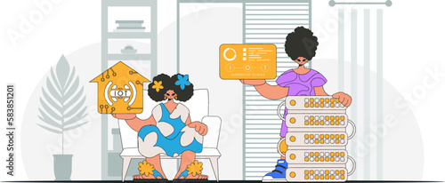 Guy and gal combine forces in the innovative, IOT realm with vector.style modern illustrations.