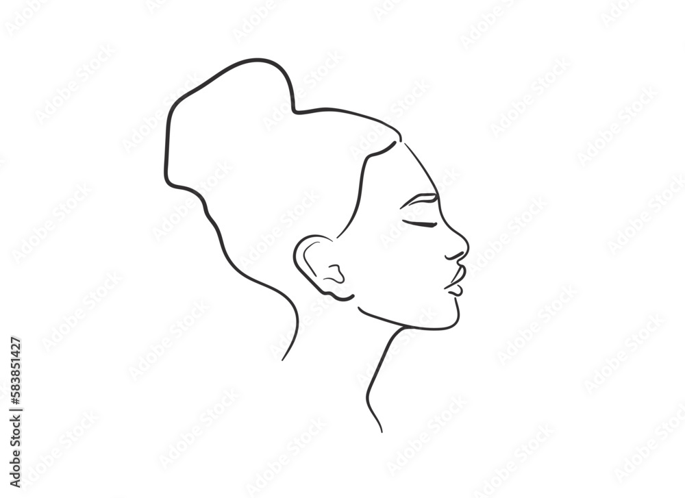 Black Line drawing of a woman's face on a white background. Lady face profile outline. Design for cosmetics