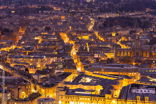 Aerial view of the city of Bath, Somerset illuminated by traffic and street lights at night