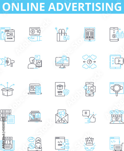 Online advertising vector line icons set. Online, Advertising, Digital, Ads, Marketing, Campaigns, Platforms illustration outline concept symbols and signs