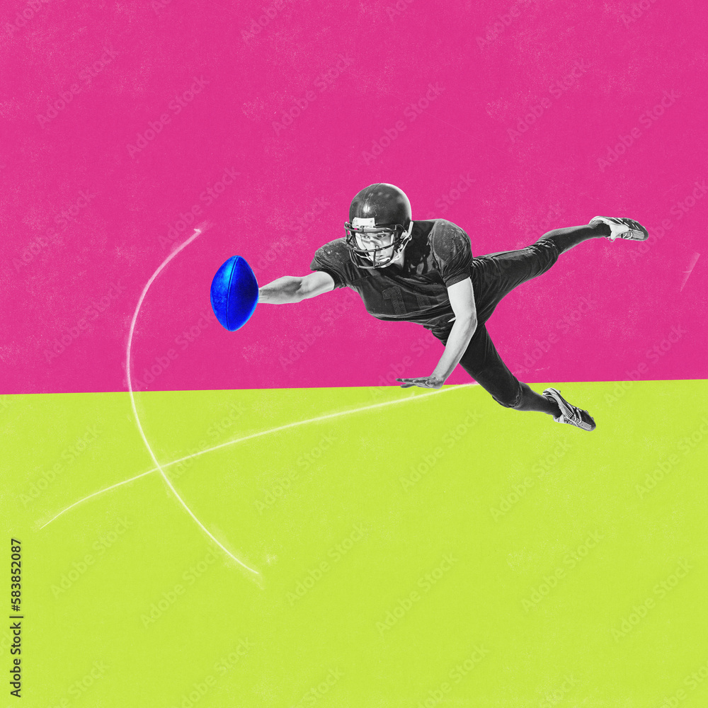 Young sportive man, american football player in uniform catching ball over pink green background. Contemporary art collage. Bright colorful design.