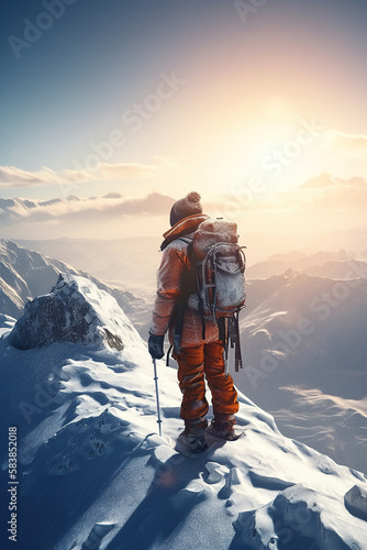 The mountaineer conquered the mountain in winter, Climber on top of a winter view of snow-capped mountain peaks sunshine, AI generative
