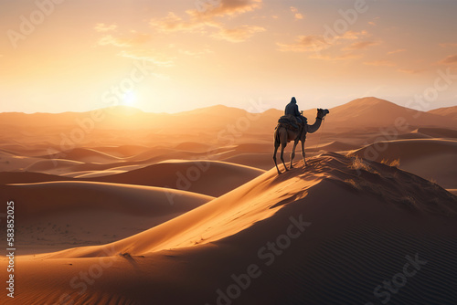 A man silhouette on camel going through the sand dunes in the Desert  sunset  AI generative