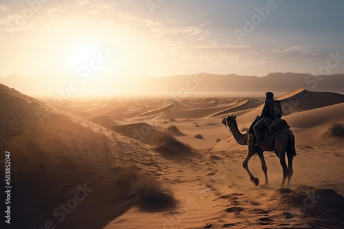 A man silhouette on camel going through the sand dunes in the Desert, sunset, AI generative