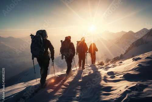 Mountains team climbers on snowy trail  conquered the mountain in winter   Climber on top of a winter view of snow-capped mountain peaks sunshine  AI generative