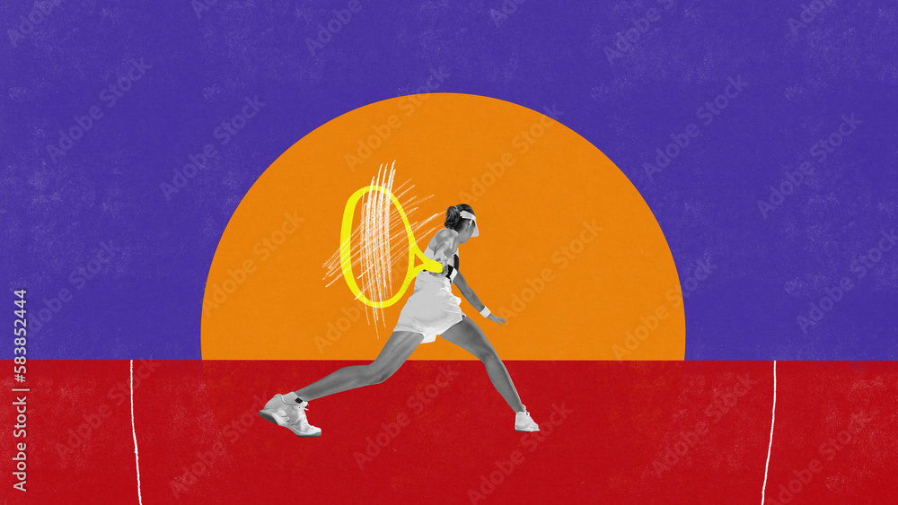 Young girl in white uniform with cap, training, playing tennis at abstract sunset background. Contemporary art collage. Bright colorful design.